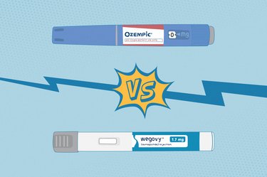 illustration of wegovy pen vs ozempic pen on a light blue background